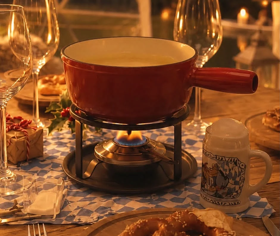 Käsefondue-Abend am Fluss – roter Fonduetopf mit Brezel und Kerzenlicht