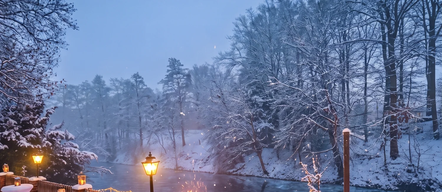 Winterabend am Fluss – beleuchtete Terrasse mit Laternen am Haus am Fluss